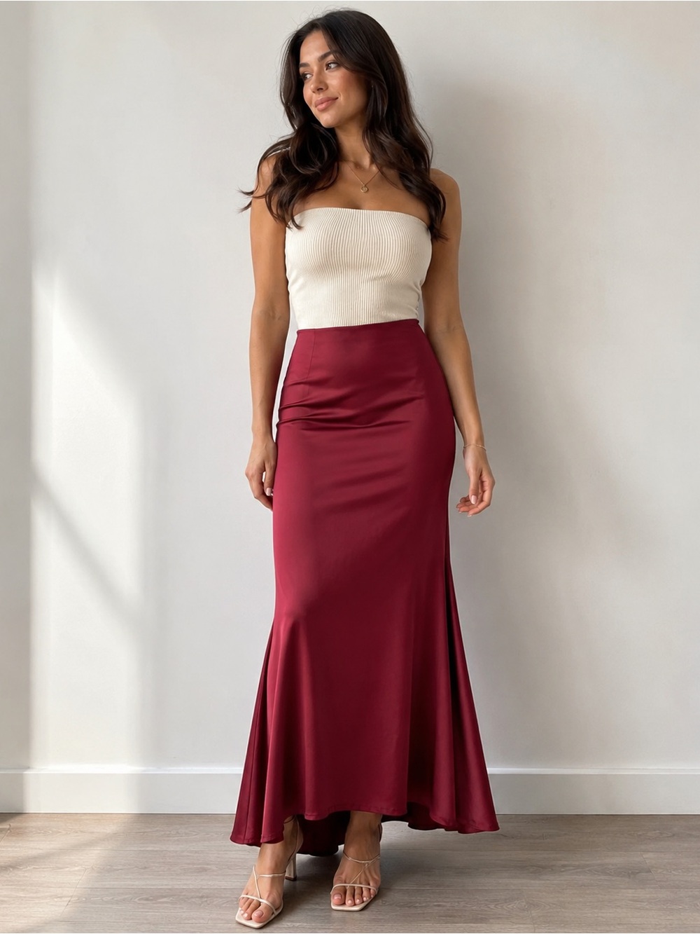 Le Château Burgundy Satin Mermaid Maxi Skirt Size 3/4 Y2K Formal Evening Grad